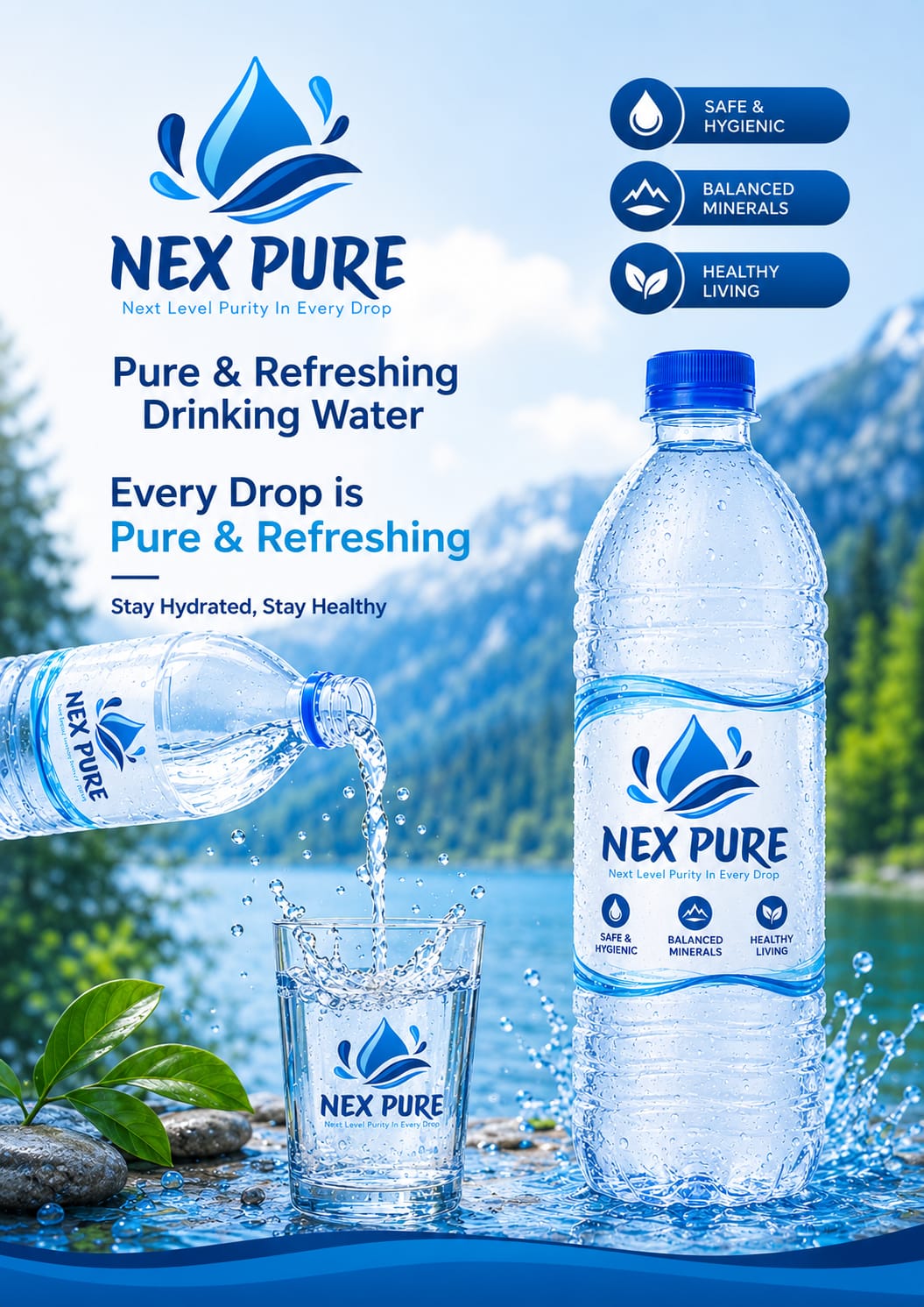 NEX PURE mineral water bottle by a mountain lake