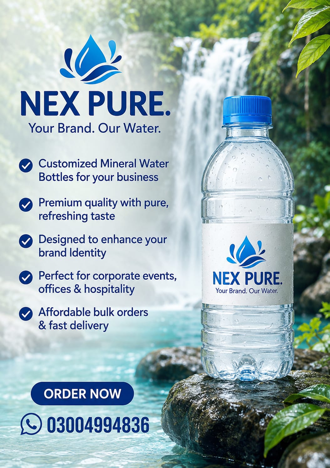Customized NEX PURE branded bottle by a waterfall